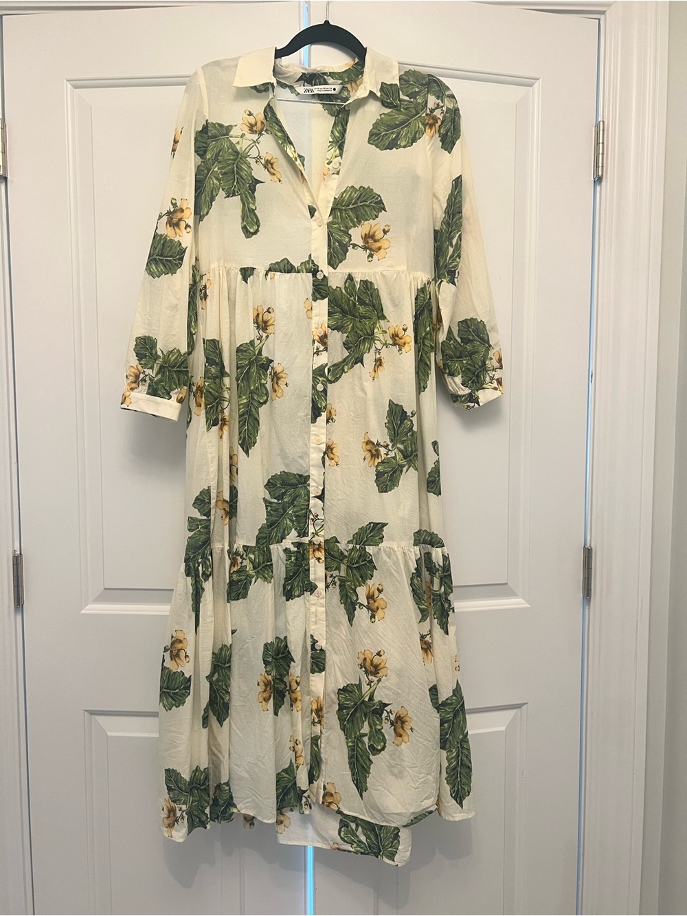 Zara White Floral Button-Front Tiered Maxi Dress Yellow Green Flower Print - Picture 5 of 5